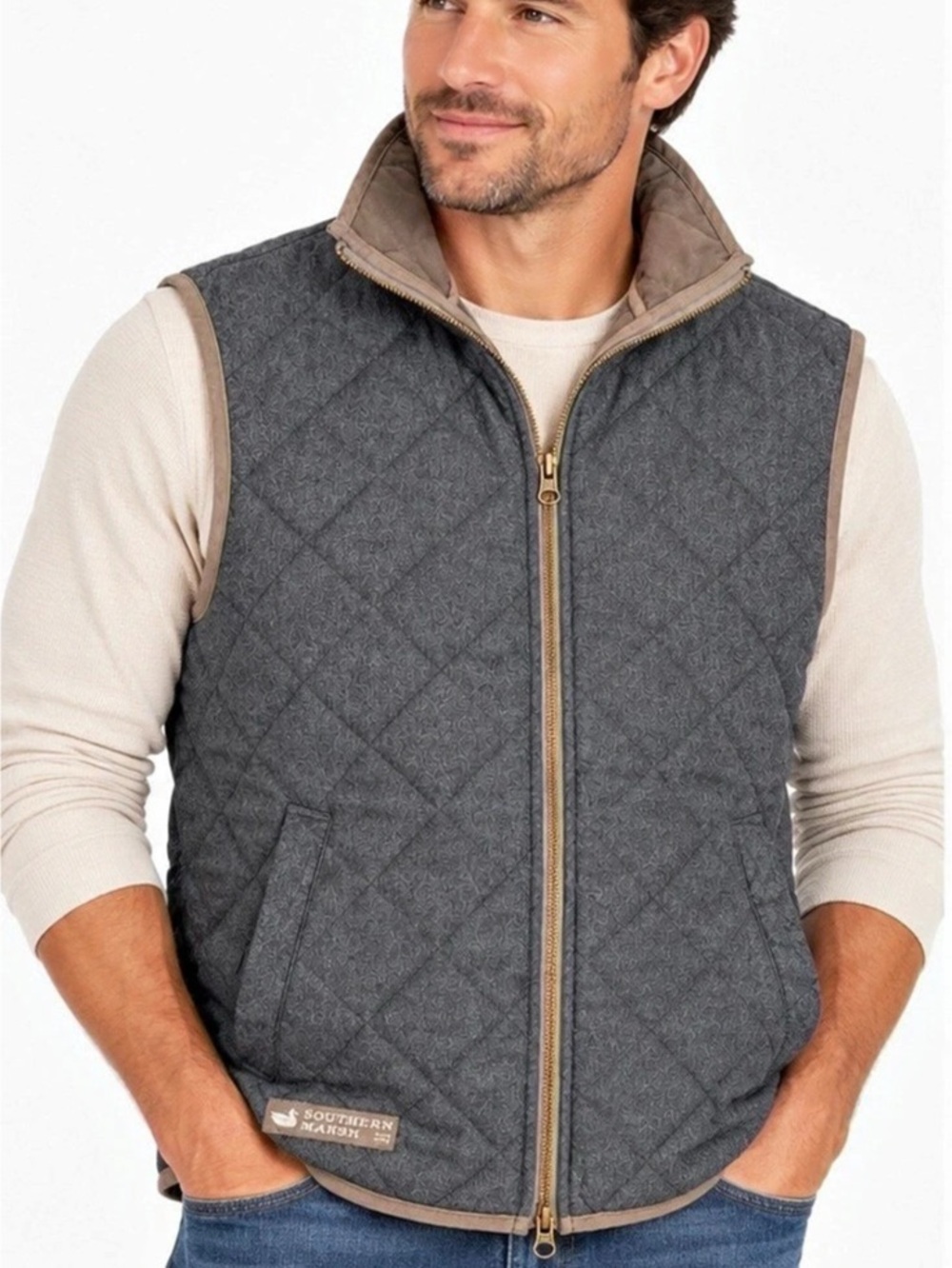 Southern Marsh Men’s Small Gray Brown Quilted Full Zip Vest Duck Logo Pockets
